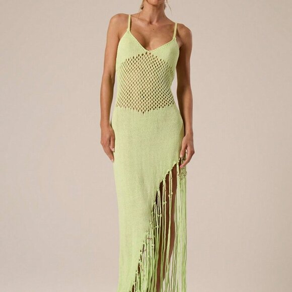 Dresses & Skirts - Lime Green Casual Women's Crochet Knit Beaded Fringing Maxi Cover Up Dress